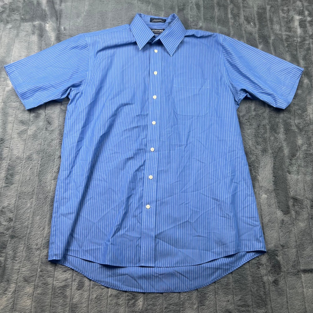 Stafford Essentials Mens Blue Pinstripe Short Sleeve Button Down Shirt 16.5 L